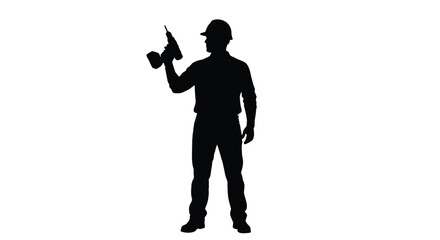 Construction worker operating a power drill a striking black silhouette © Santa