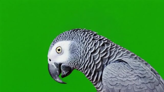 Close-up of gray parrot on green background