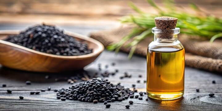 Close-up of black cumin oil bottle on table with selective focus