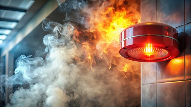 Flashing strobe light illuminating a smoke-filled room with simulated fire alarm system activation, highlighting emergency response measures, system activation, response