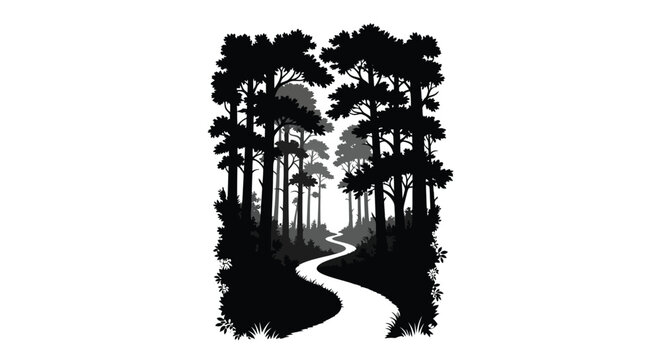 A winding path through a dense forest depicted as a silhouette