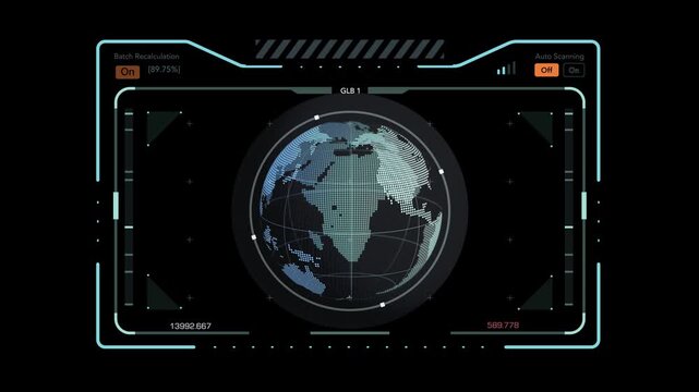 Sci-fi HUD featuring a rotating digital vector globe, data scanning UI, and animated tech elements. Ideal for global networking, cybersecurity, and data analysis concepts.