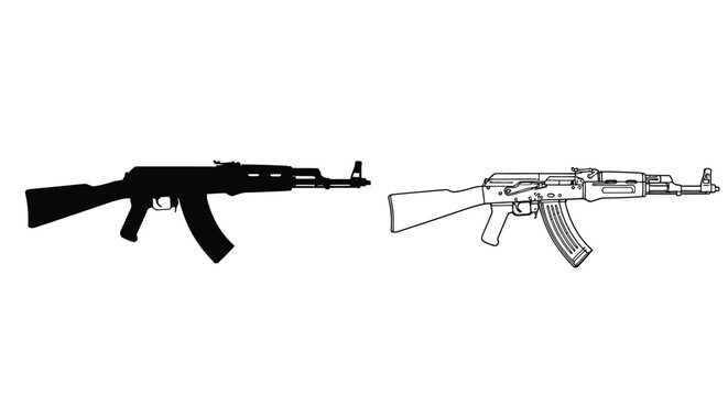 Detailed illustration of an ak 47 assault rifle in black silhouette