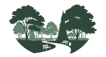 Green park landscape with winding path and benches a dark silhouette © Santa