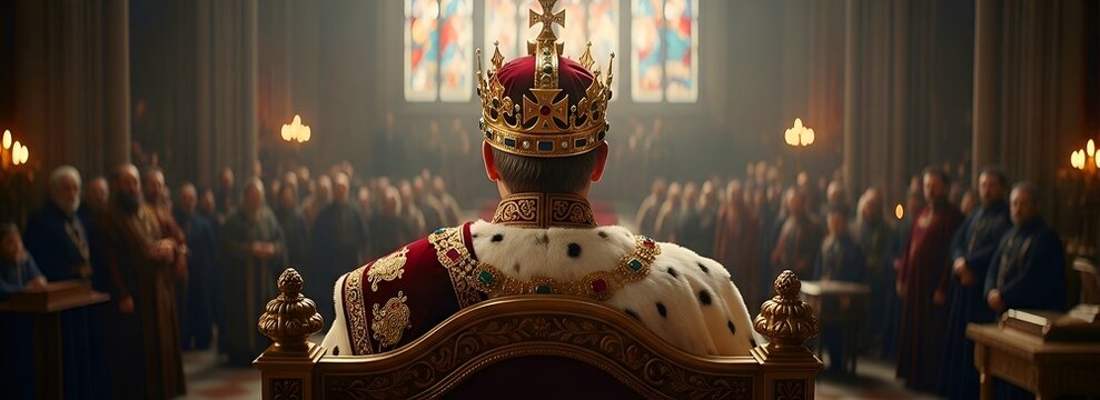 A view from behind of a majestic king sitting on a throne inside a grand medieval cathedral hall.