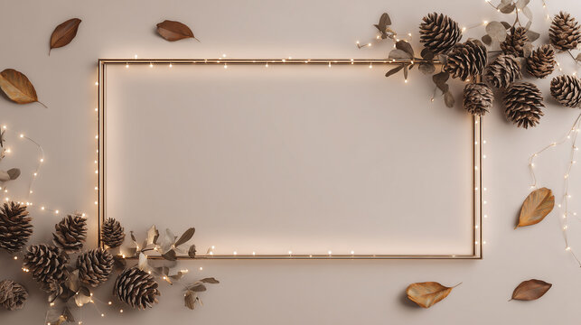 Golden frame with pinecones and leaves on light background for christmas or winter decor