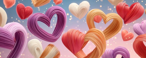 Naklejka premium Purple and pastel fiber-like hearts forming romantic abstract background with glowing festive lights