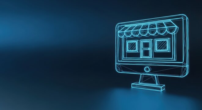 Computer screen displays an online store concept with neon wireframe illustration on a dark blue gradient background