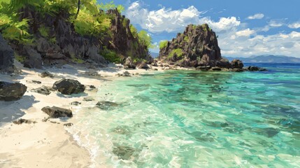 Naklejka premium Serene Tropical Beach with Clear Waters and Lush Greenery Under a Bright Blue Sky