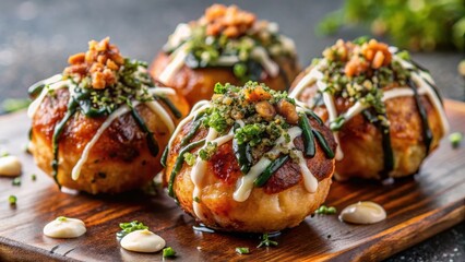 Close-up shot of a delicious takoyaki ball with savory sauce and crispy seaweed sprinkles on top