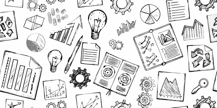 Hand drawn business and innovation icons scattered across a white background