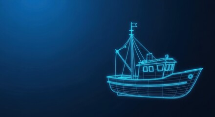 Fototapeta premium Detailed Blue Wireframe Blueprint of a Fishing Trawler Ship Against a Dark Background