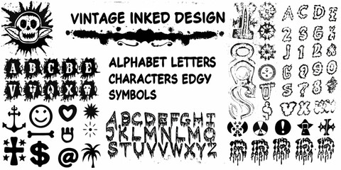 Vintage inked design featuring skull alphabet symbols and edgy characters © Ratan