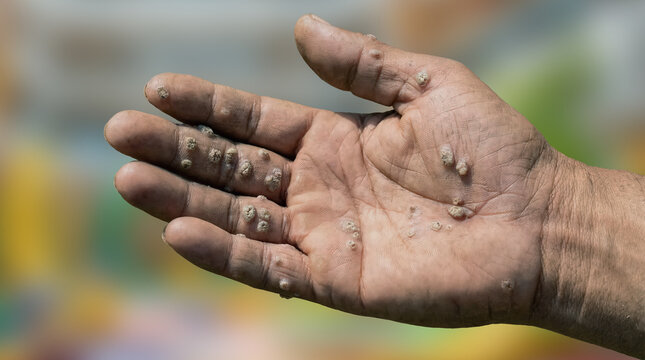 Close-up of a human hand with multiple common warts, palm of hand showing skin condition and viral infection, medical dermatology concept of verruca vulgaris. 