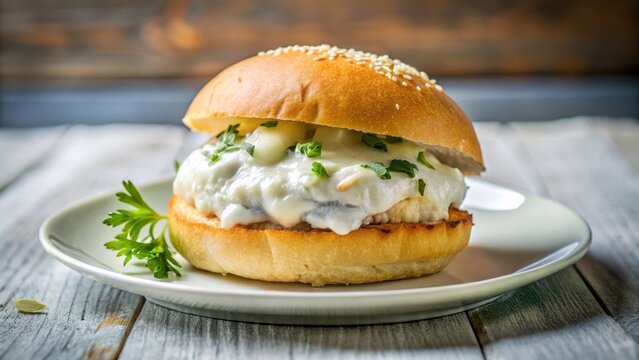 Pan-seared backfisch fillet placed inside a soft white bun, topped with a generous dollop of creamy remoulade sauce , seafood plate, backfisch fillet