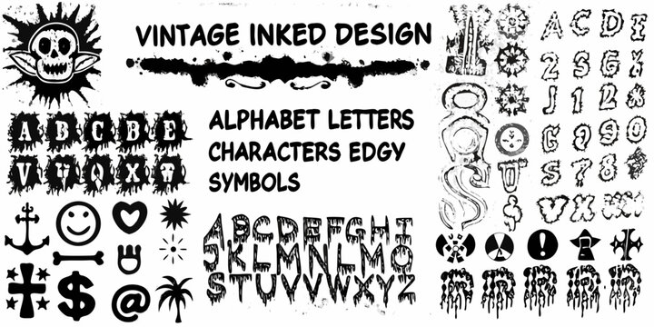 Vintage inked design featuring skull alphabet symbols and edgy characters