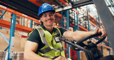 Logistics, forklift and happy man with portrait in warehouse, supply chain and inventory management. Pride, freight and worker with vehicle for stock distribution, smile and industrial storage depot © peopleimages.com