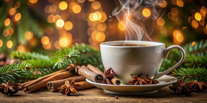 A steaming cup of coffee or tea with a cinnamon stick and aniseed in the background, coffee beans, festive,  coffee beans, festive, tea
