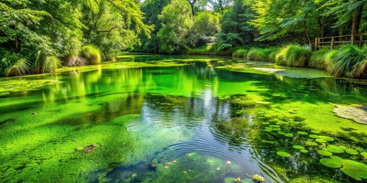 A serene green pool with murky water and an abundance of floating algae