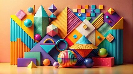 Obraz premium Vibrant geometric shapes in a dynamic composition with abstract forms and bold lines, set against a contrasting neutral background, vibrant colors, colorful shapes