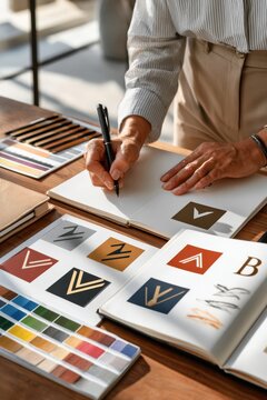 Designer sketching logo options and color palettes in a creative branding workspace at desk