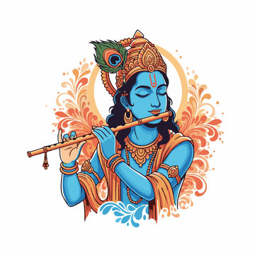 Lord Krishna Playing Flute Vector Illustration for Janmashtami