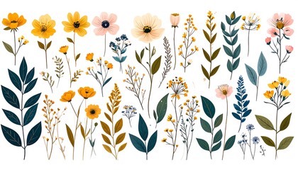 Obraz premium Assorted watercolor floral illustrations featuring a diverse collection of wildflowers, buds, leaves, and stems on a white background