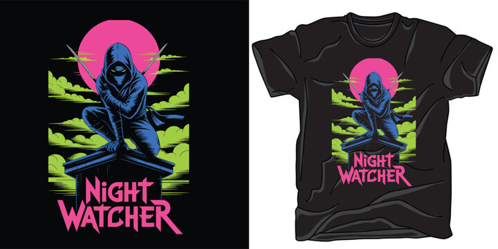 Ninja assassin crouching on roof against neon moon background