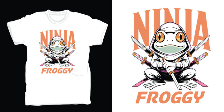 Ninja froggy character with two katanas and text t-shirt design concept