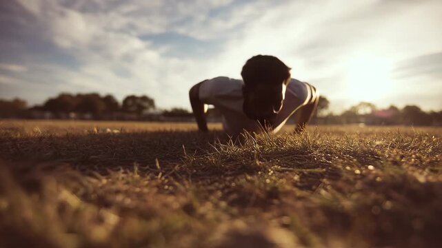 Man Doing Push Ups Outdoors at Sunrise Strength Training Fitness and Healthy Lifestyle