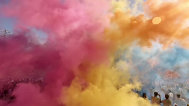 A vibrant celebration of colors unfolds as people joyfully release clouds of colored powder into the air. Capturing the dynamic scene and the spirit of a unique cultural celebration.