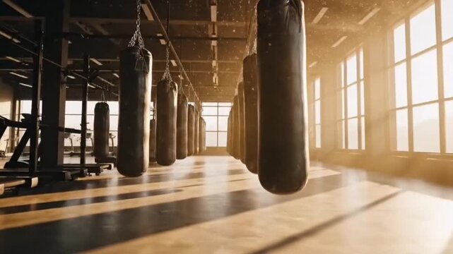 A sunlit gym interior with punching bags in a row, inviting a sense of discipline and hard work.