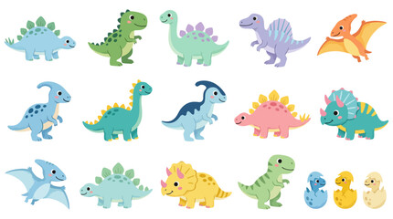 Cute dinosaur character and baby hatchling set   Large collection of prehistoric creatures in a colorful flat cartoon illustration style © Sandaruwan