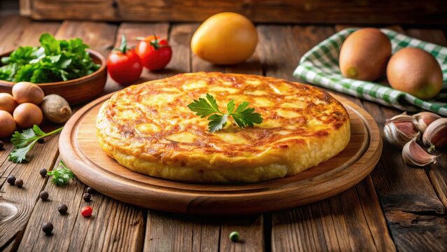 Classic Spanish Omelette on a rustic wooden table, restaurant setting, dining table