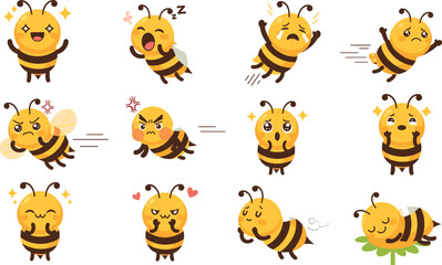 Naklejka premium Cute Bee Emotions and Expressions Set with Kawaii Honeybee Characters Showing Happy, Angry, Sleepy, Love and Funny Feelings Cartoon Vector Illustration Collection