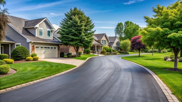 A grey asphalt driveway winding its way through a quiet suburban street in Des Moines with a few trees and houses lined up along it , houses, countryside