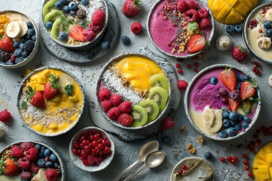 Colorful smoothie bowls assortment top view healthy breakfast with fresh fruits and superfoods
