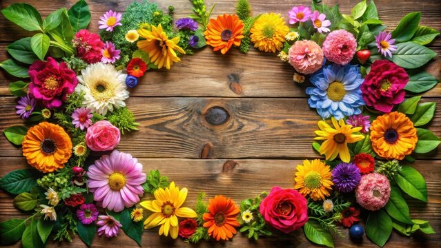 Colorful collage with vibrant flowers and leaves in a circular frame on a wooden table, art, design,  art, design