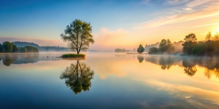 Calm water ripples at dawn beside a serene lake with misty atmosphere and tree reflections, calm water, reflective surface