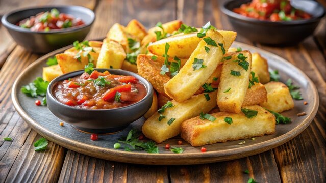Crunchy yuca frita on a plate with a dollop of spicy salsa and a sprinkle of fresh cilantro, fried potato, vegan