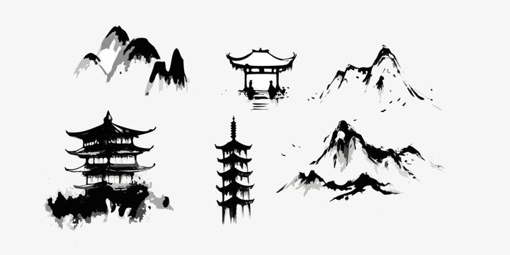 Traditional chinese ink wash painting of mountains and pagodas