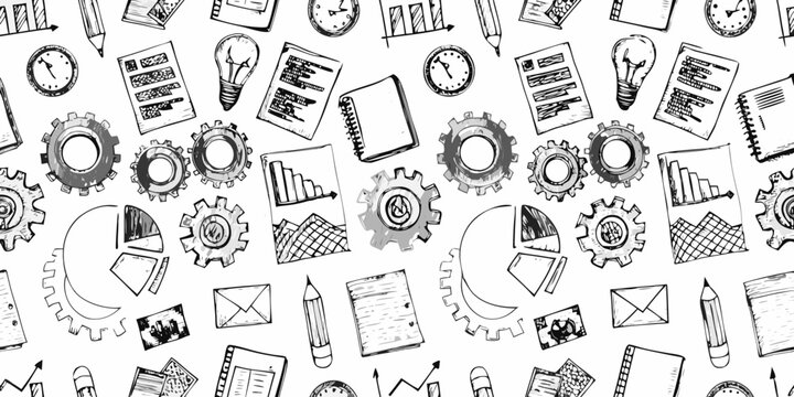 A seamless pattern of sketched tools gears and business concepts