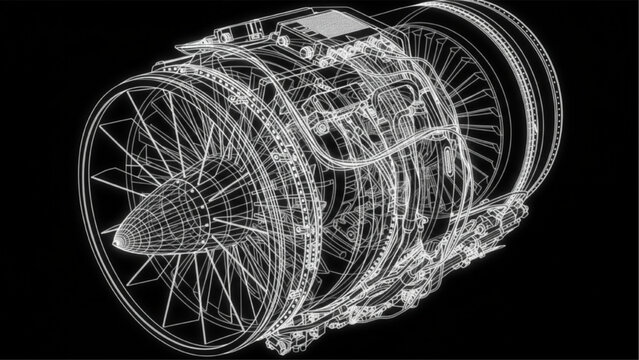 Jet engine black tech style, glowing turbine engineering