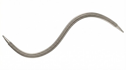 Obraz premium A close-up studio shot of a curved surgical needle with a thread attached, isolated on a white background, highlighting its sharp point and metallic sheen