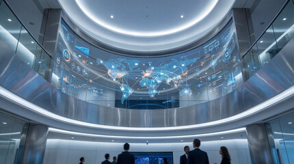 Fototapeta na wymiar Curved wall of screens displaying various media content modern cyber bombardment panel concept. Modern business environment with digital screens and professionals.