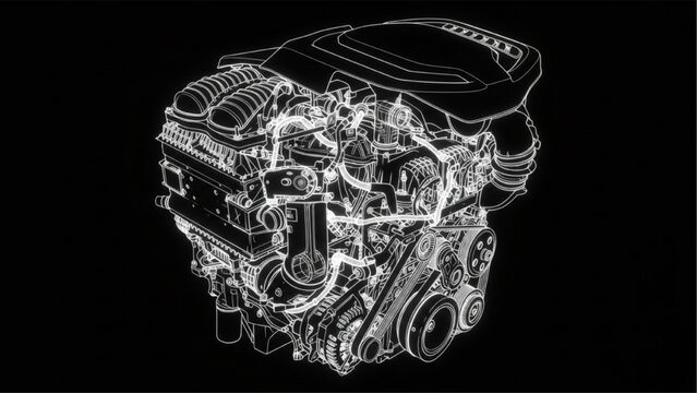Car engine black tech style, glowing automotive CAD diagram