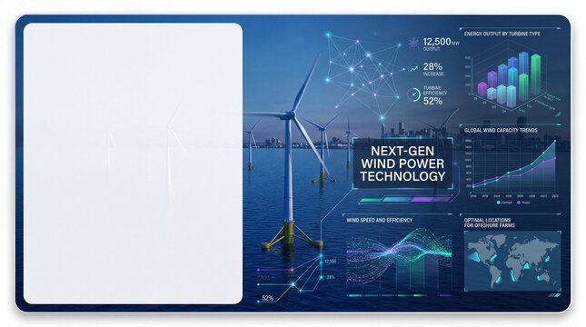 Futuristic card focused renewable energy forecasting featuring clean layout broad blank area concept. Innovative wind power technology for sustainable energy solutions.