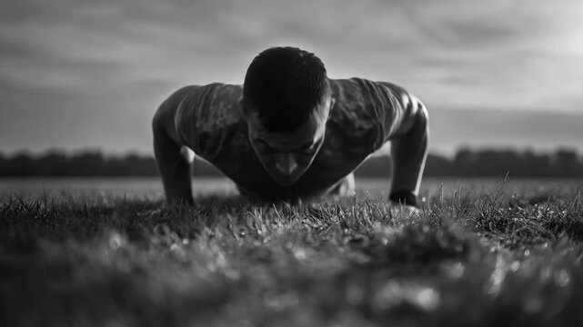 Man Doing Push Ups in Black and White Strength Training Fitness and Determination Concept