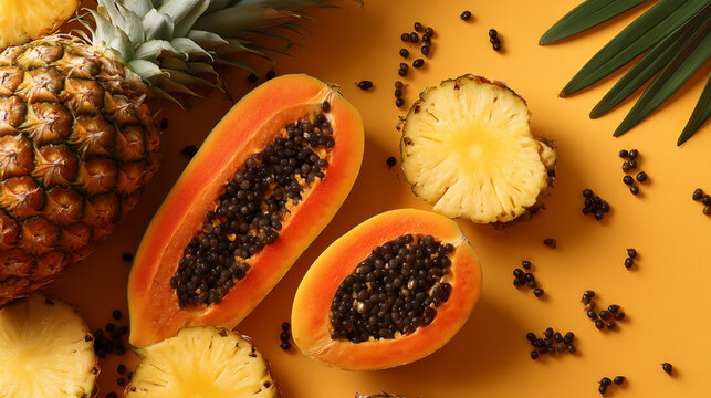 Fresh fruits display with cut papaya and pineapple slices