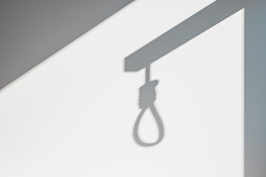 A minimalist image featuring the shadow of a noose cast on a white wall, creating a stark and thought-provoking visual.